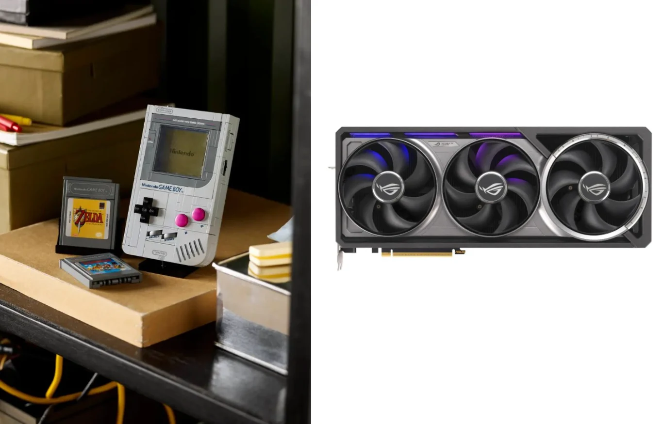 LEGO Game Boy i RTX 5090 Konsola mobilna Game Boy z grą oraz duża nowoczesna karta graficzna ASUS ROG na białym tle. Po lewej stronie retro konsola z klasycznymi grami, po prawej nowoczesny podzespół komputerowy z trzema dużymi wentylatorami.