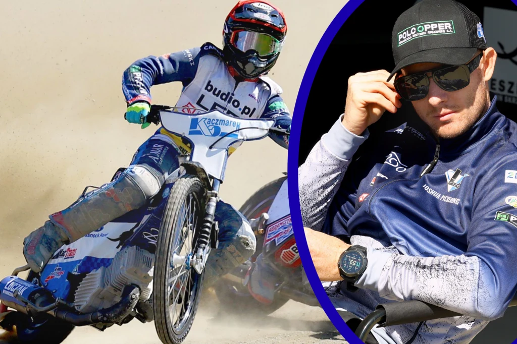 Josh Pickering wymienia przyczyny słabego sezonu w Lesznie Zawodnik sportów motorowych ubrany w kombinezon wyścigowy wykonuje dynamiczny manewr na motocyklu żużlowym, w tle widoczny kurz unoszący się z toru. Po prawej stronie kolażowe ujęcie tej samej osoby w okularach przeciwsłonecznych i czapce z daszkiem, s...