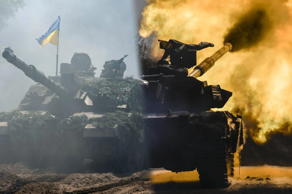 Ukraina i Rosja informują o sukcesach i stratach na linii frontu Czołg bojowy z ukraińską flagą w otoczeniu dymu i eksplozji, po jednej stronie widoczna sylwetka pojazdu w szarościach, po drugiej dynamiczny moment wystrzału lufy wśród intensywnego ognia.