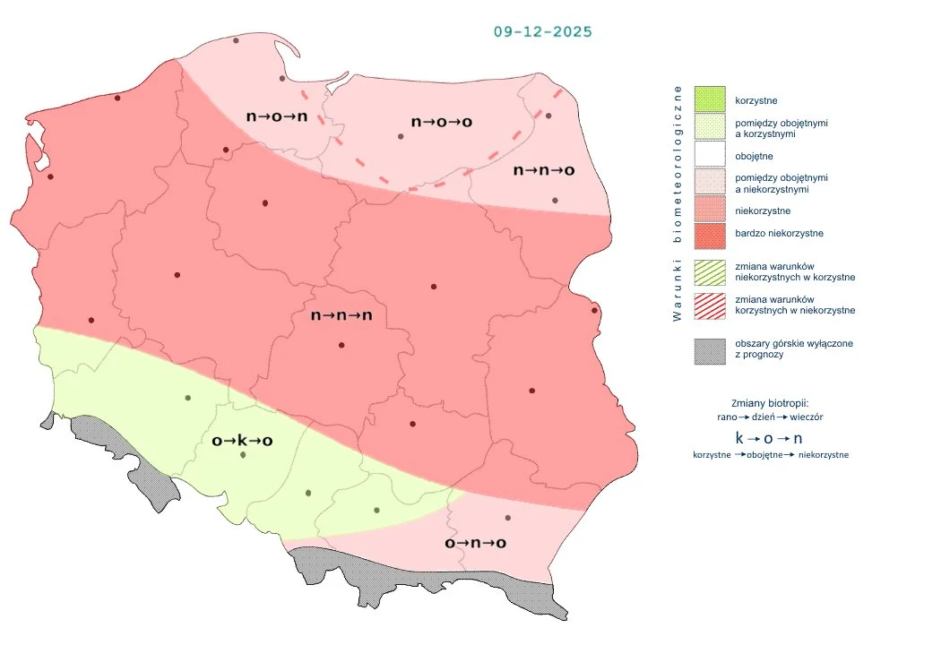 W ciągu dnia korzystne warunki wystąpią na południu. W większości kraju pogoda będzie jednak niekorzystnie wpływać na nasz organizm Kolorowa mapa Polski podzielona na strefy biometeorologiczne, oznaczone różnymi kolorami i symbolami, pokazuje prognozę wpływu czynników atmosferycznych na samopoczucie ludzi w dniu 9 grudnia 2025 roku.