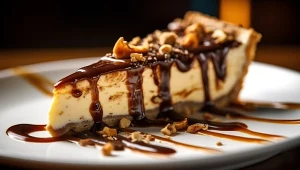 kawałek sernika w polewie czekoladowej, posypany orzechami, leżący na talerzu