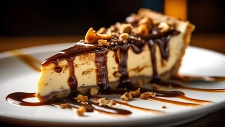 kawałek sernika w polewie czekoladowej, posypany orzechami, leżący na talerzu