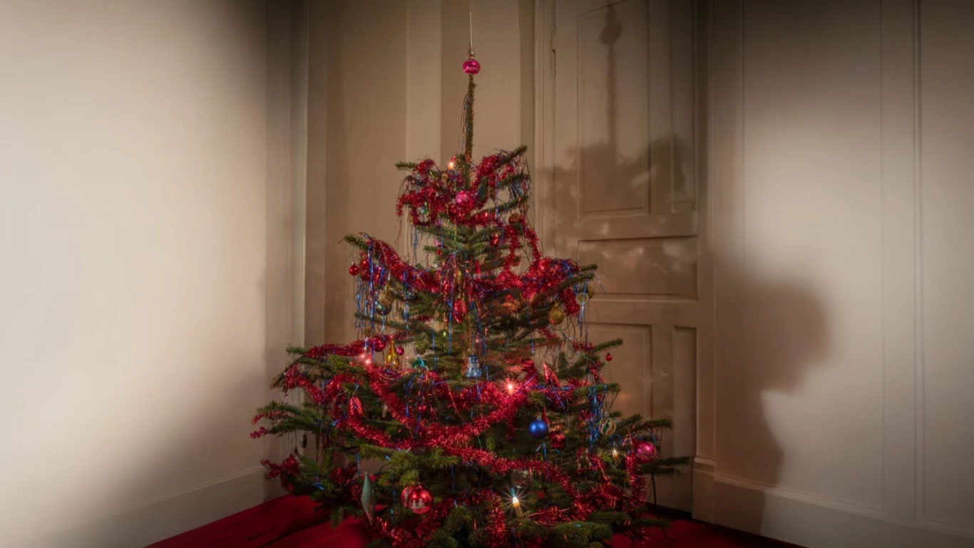 Włosy anielskie na choince w świetle lampek mienią się licznymi kolorami Włosy anielskie na choince w świetle lampek mienią się licznymi kolorami