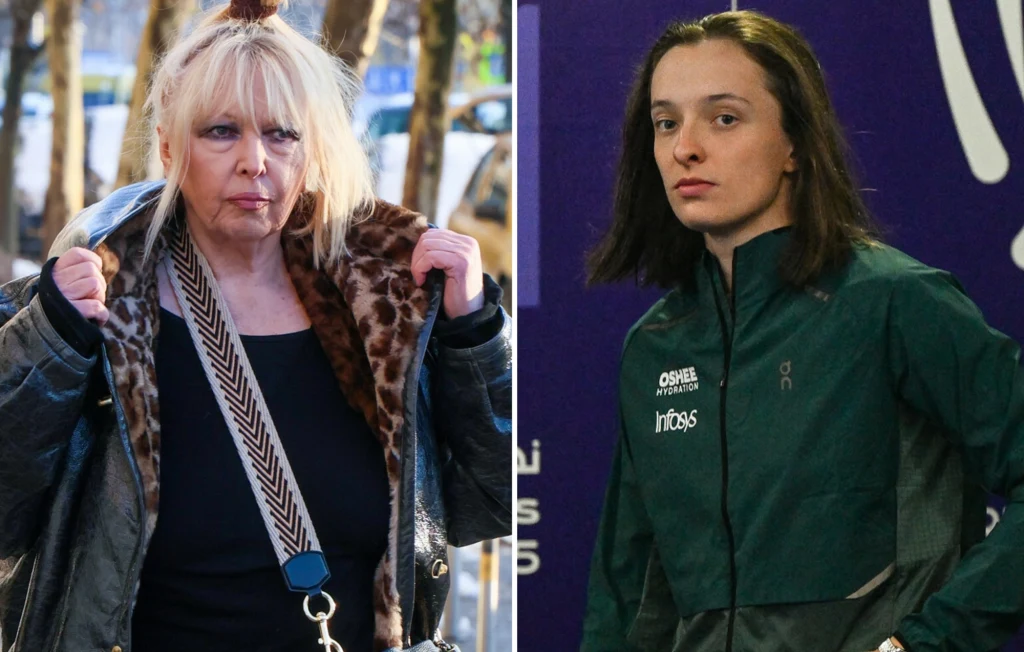 Maryla Rodowicz, Iga Świątek Dwie osoby, kobieta w średnim wieku w ciemnej kurtce z futrzanym kołnierzem, stojąca na zewnątrz oraz młody mężczyzna lub chłopak z długimi włosami w zielonej sportowej kurtce na ciemnofioletowym tle. Podział zdjęcia na dwie części, każda przedstawia i...