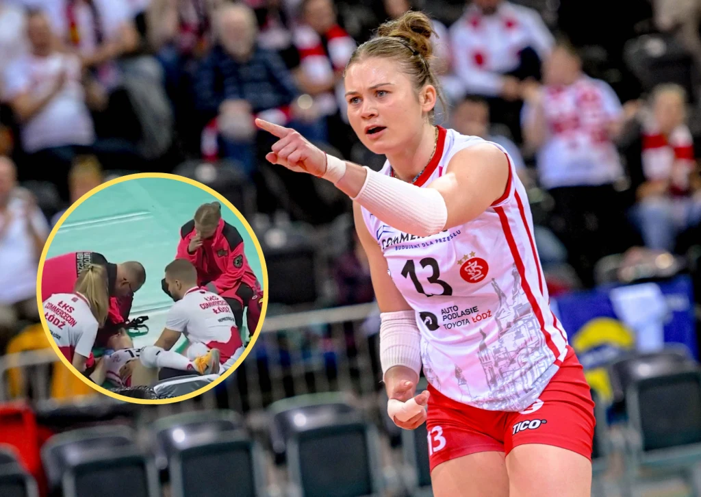 Angelika Gajer zasłabła między setami w meczu ŁKS-u. Na szczęście jeszcze w trakcie meczu poczuła się już lepiej Siatkarka w stroju sportowym drużyny ŁKS Commercecon Łódź gestykuluje na boisku podczas meczu siatkówki, na pierwszym planie skupienie i emocje, w lewym dolnym rogu widoczne ujęcie z udzielania pomocy medycznej jednej z zawodniczek.