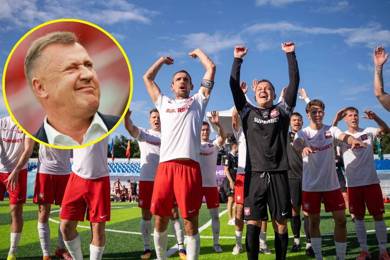 Polacy świętują, a tutaj taki cios w Kuleszę. "Może żałować" Piłkarze drużyny w biało-czerwonych strojach świętują zwycięstwo na boisku, unosząc ręce w górę i okazując radość. W prawym górnym rogu umieszczono w żółtym okręgu portret uśmiechniętego mężczyzny, który prawdopodobnie odgrywa ważną rolę w związku z dr...