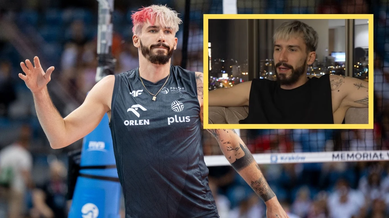 Siatkarz z jasnymi włosami i czerwonym pasemkiem, ubrany w ciemny strój z logo Plus oraz Orlen, stoi na boisku z rozłożonymi rękami. W prawym górnym rogu żółtą ramką wyróżniona jest rozmowa tej samej osoby ubranego na czarno na tle okna z widokiem na w...