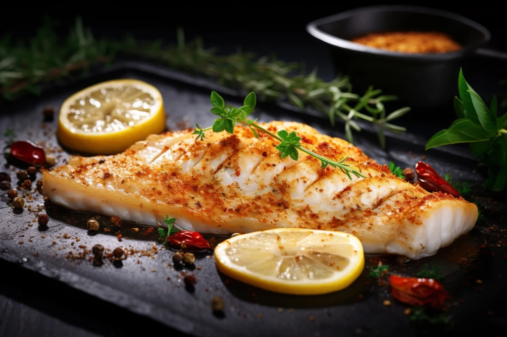 Jaka ryba jest najgorsza na święta? Grillowany filet rybny oprószony przyprawami, udekorowany plasterkami cytryny i świeżymi ziołami, podany na czarnym talerzu wraz z mieszanką kolorowych przypraw oraz gałązkami ziół w tle.