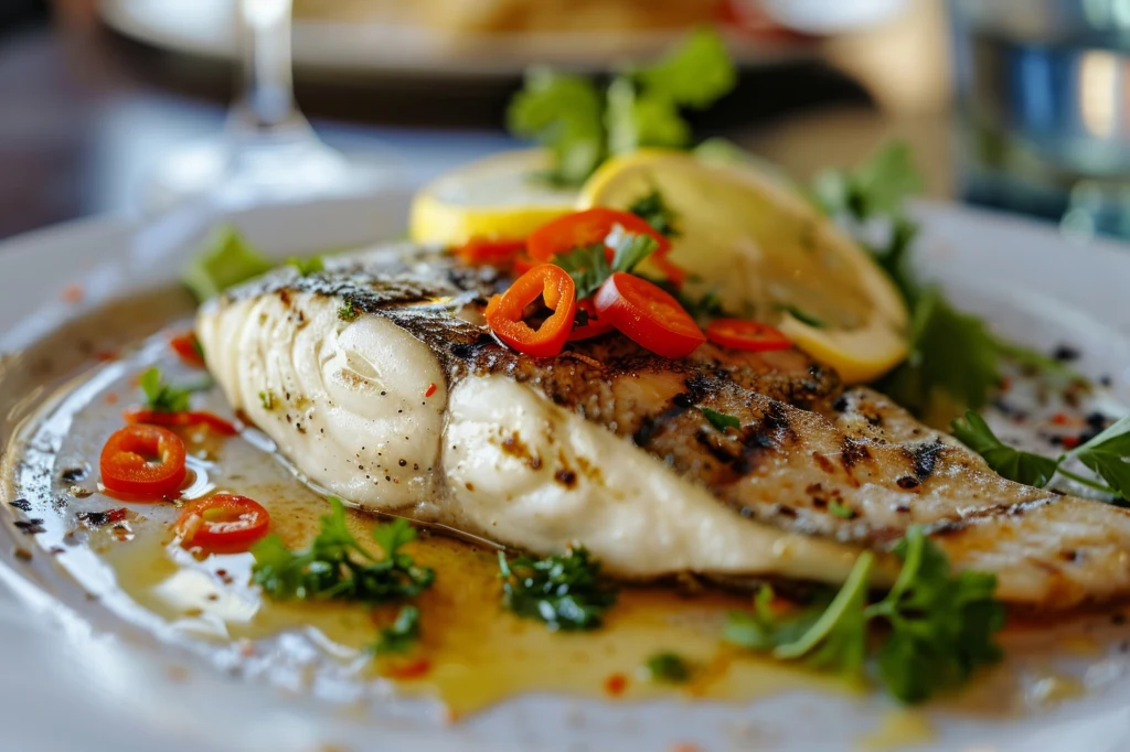 Ryba maślana zawiera niestrawne estry parafiny. Grillowany filet rybny podany z plasterkami cytryny, czerwonym chili, świeżymi ziołami oraz sosem na talerzu, stanowiący delikatną i kolorową kompozycję kulinarną.