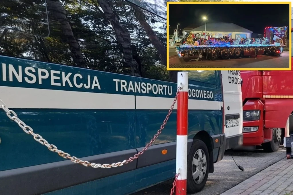 W wyniku kontroli Inspekcji Transportu Drogowego Marcin stracił prawo jazdy na 3 miesiące Pojazd Inspekcji Transportu Drogowego zaparkowany na chodniku obok czerwonej ciężarówki, z przodu widoczny słupek z łańcuchem. W prawym górnym rogu zdjęcia niewielkie wstawione zdjęcie przedstawiające platformę ozdobioną światełkami i dekoracjami na tl...