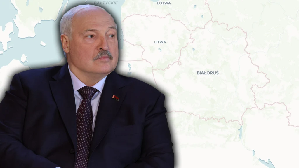 Mężczyzna w garniturze i krawacie z wąsem siedzi na tle mapy pokazującej państwa takie jak Białoruś, Litwa i Łotwa.