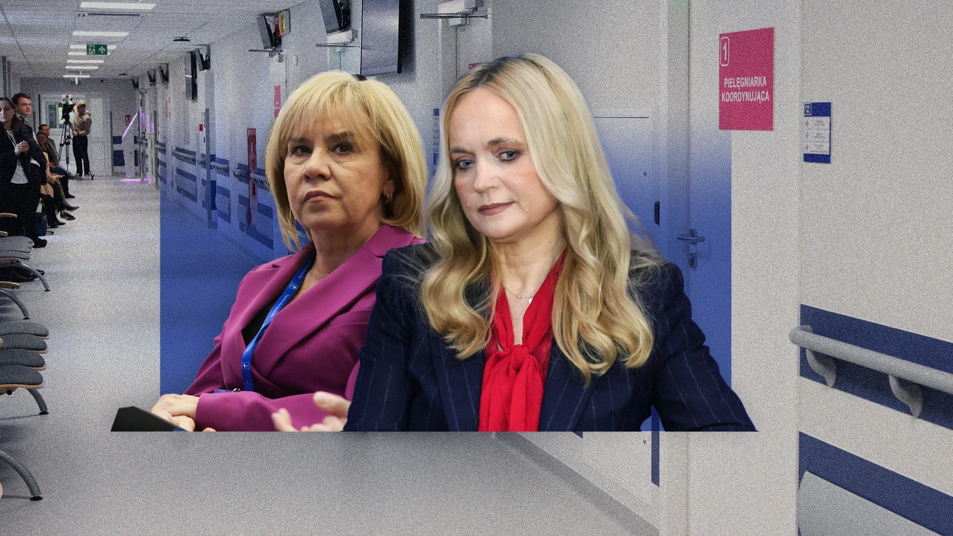 Od lewej: Mariola Łodzińska, prezes Naczelnej Rady Pielęgniarek i Położnych i Jolanta Sobierańska-Grenda, minister zdrowia (kolaż: Aleksandra Włodarczyk/Interia.pl) Dwie kobiety w eleganckich strojach, siedzące na tle szpitalnego korytarza z białymi i niebieskimi ścianami, w tle osoby oczekujące na korytarzu.