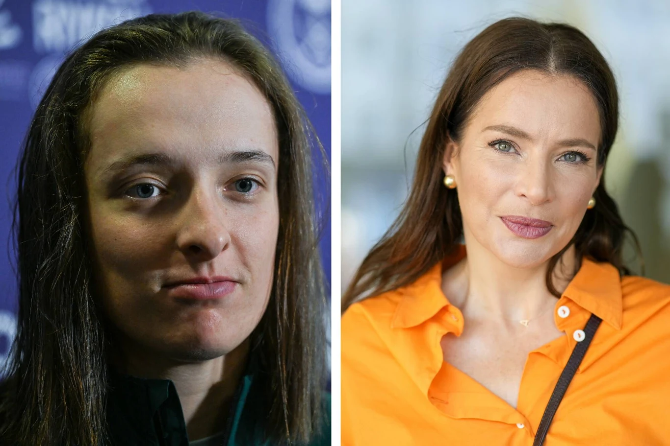 Iga Świątek i Anna Dereszowska Po lewej stronie młoda kobieta z długimi, ciemnymi włosami na tle fioletowej ściany z logotypami, po prawej kobieta w pomarańczowej koszuli z rozpuszczonymi brązowymi włosami, delikatnym makijażem i perłowymi kolczykami.