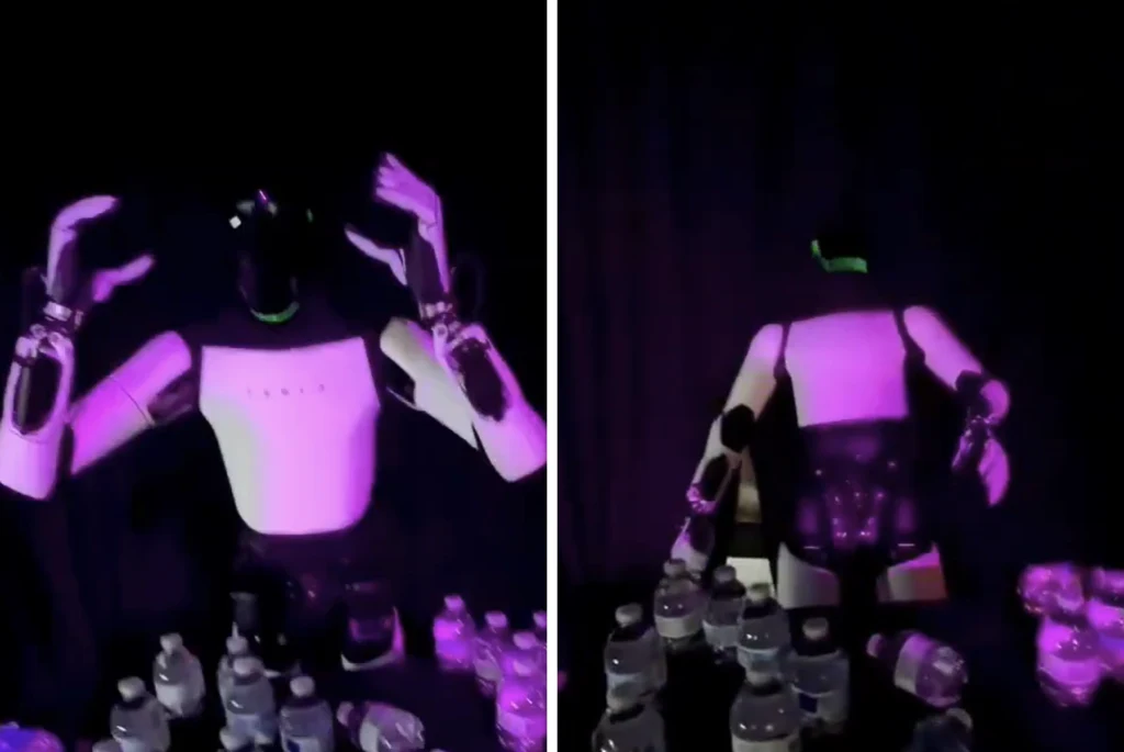 Chwilę przed upadkiem Optimus wykonuje ruch rękami w kierunku twarzy, który przypomina zdejmowanie gogli VR Robot humanoidalny wykonuje gesty rękami, otoczony plastikowymi butelkami na ciemnym tle z fioletowym oświetleniem.