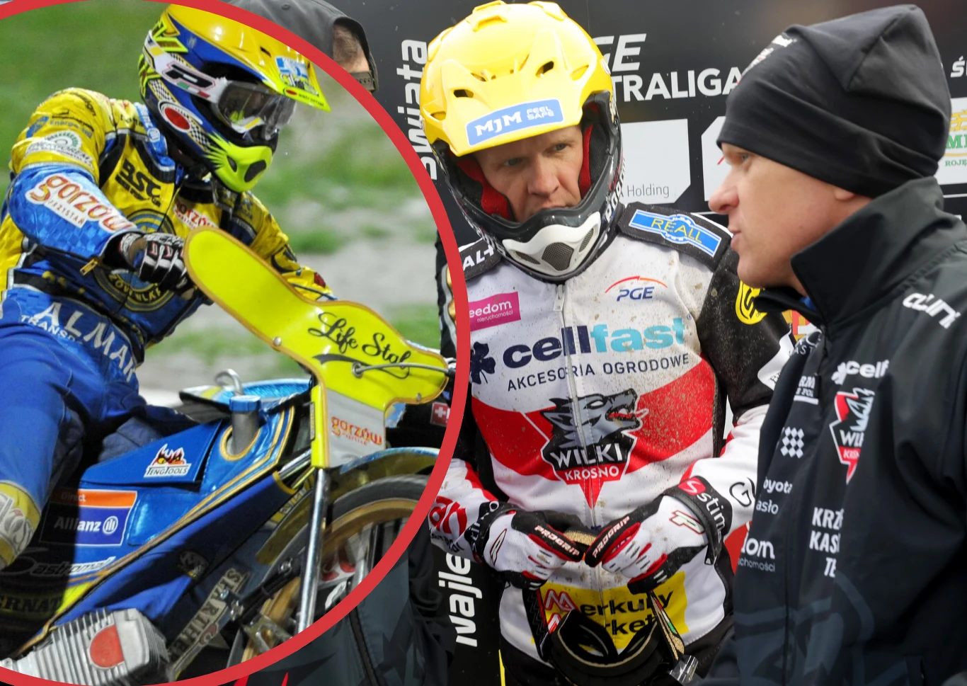 Zawodnik żużlowy w żółtym kasku i ubraniu z logotypami sponsorów przygotowuje się do wyścigu, obok trener lub członek obsługi technicznej udziela wskazówek; fragment zdjęcia przedstawia zawodnika podczas jazdy na motocyklu żużlowym.