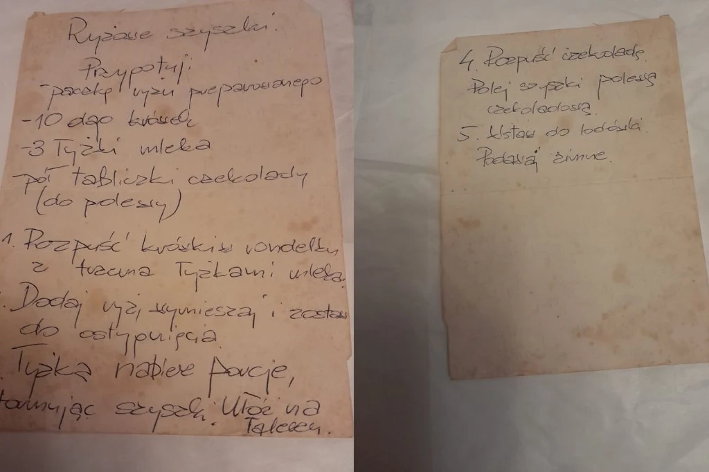 Dwie kartki papieru zapisane odręcznie, zawierające listę przepisów kulinarnych, w tym orientacyjne ilości składników i krótkie instrukcje przygotowania potraw.