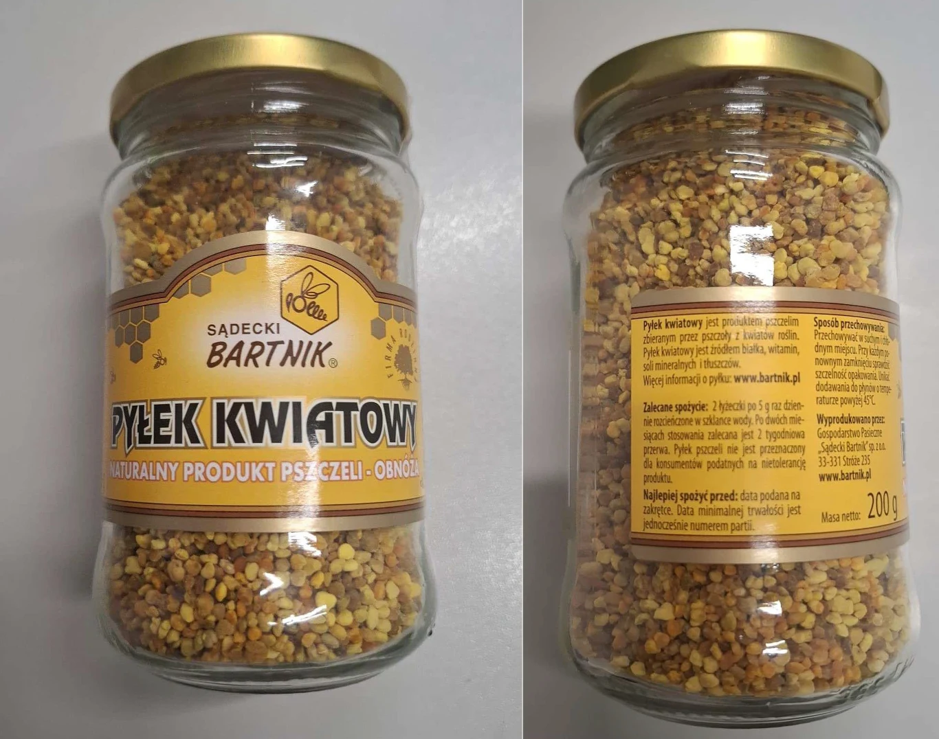GIS ostrzega przed spożywaniem pyłku kwiatowego, w którym stwierdzono przekroczenie dopuszczalnego poziomu alkaloidów pirolizydynowych Szklany słoik z metalową zakrętką wypełniony pyłkiem kwiatowym. Na przodzie słoika widoczne są etykiety z nazwą produktu, marka i informacjami o składzie. Pyłek kwiatowy ma postać drobnych, żółto-brązowych granulek.