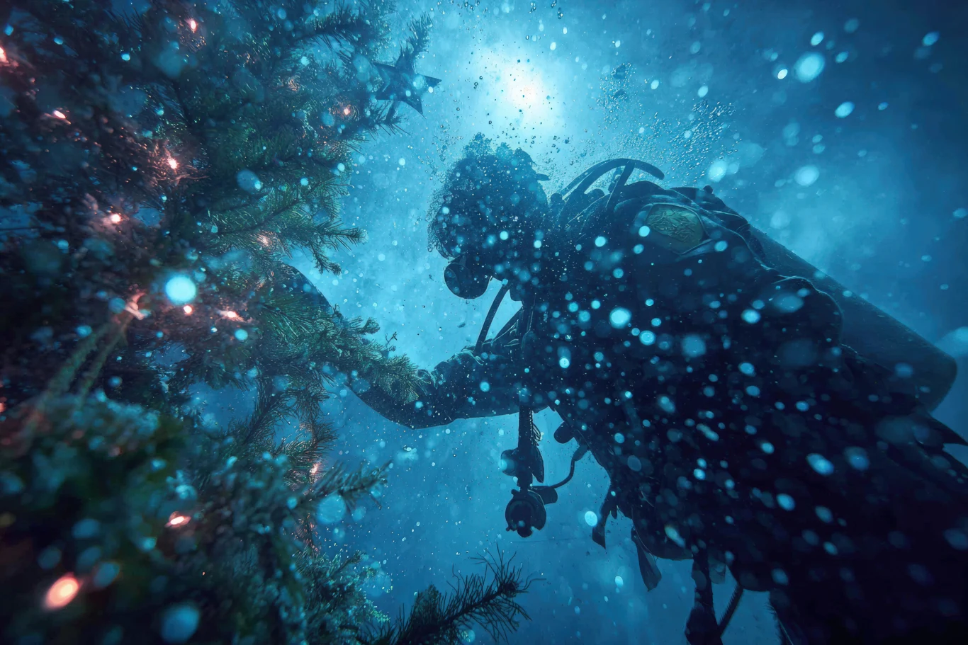Nurek w pełnym sprzęcie zanurzony pod wodą, otoczony bańkami powietrza i słabym światłem, dotyka gałązki choinki ozdobionej subtelnymi światełkami. Wokół unosi się wiele drobinek, co tworzy efekt magicznej atmosfery.