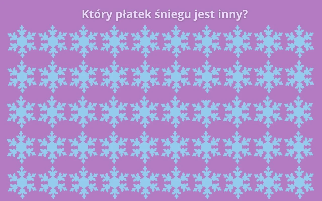 Różowe tło z rozmieszczonymi w równych rzędach niebieskimi płatkami śniegu, na górze białym napisem z pytaniem o odmienność jednego z płatków.