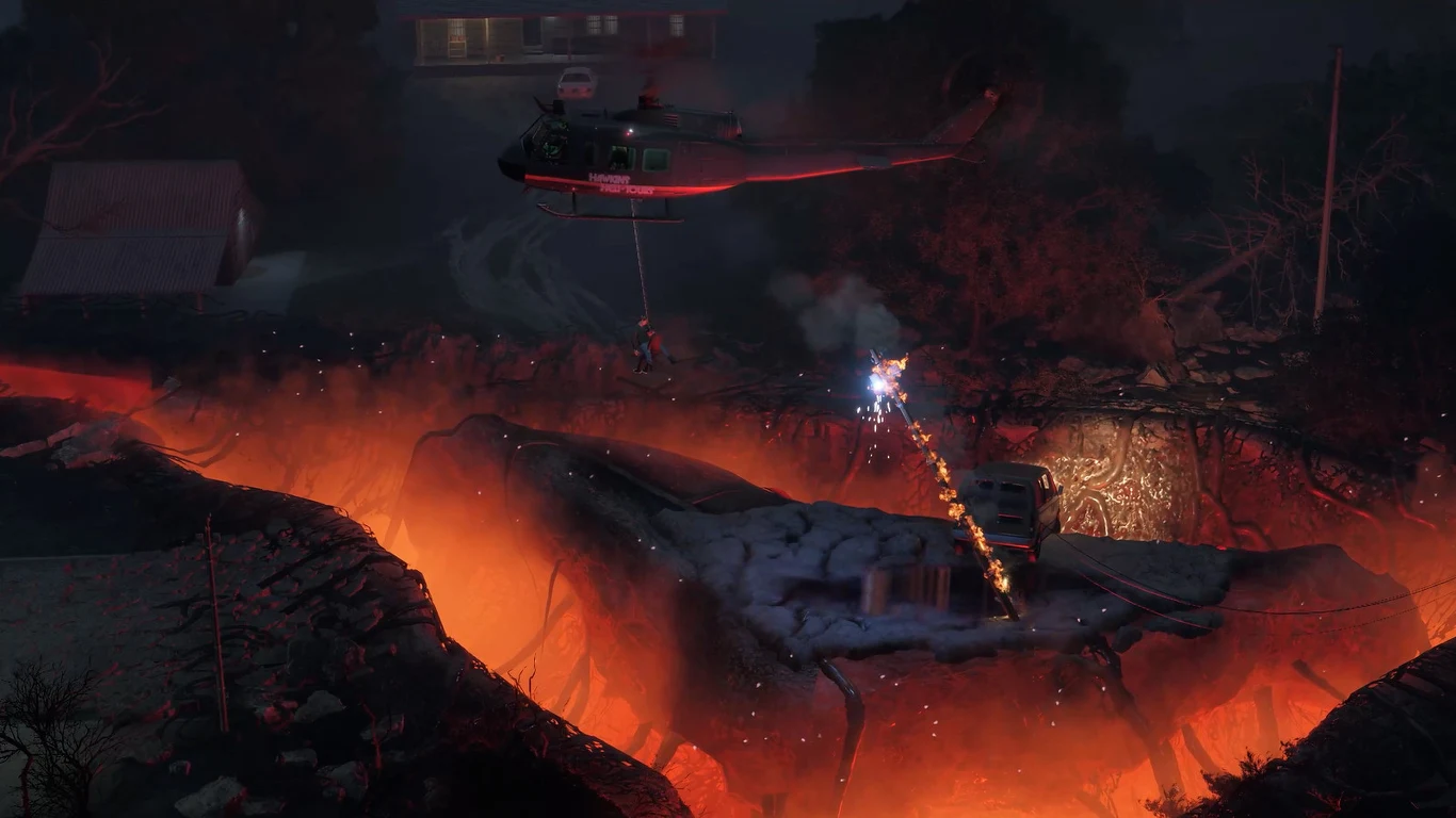 Potężny wybuch lawy rozdziera płytę asfaltu, przez środek przebiega głęboka szczelina wypełniona płynną magmą. Nad rozgrzanym terenem unosi się helikopter ratunkowy, który spuszcza linę do unoszącego się na krawędzi pojazdu, a wokół rozciąga się zniszc...