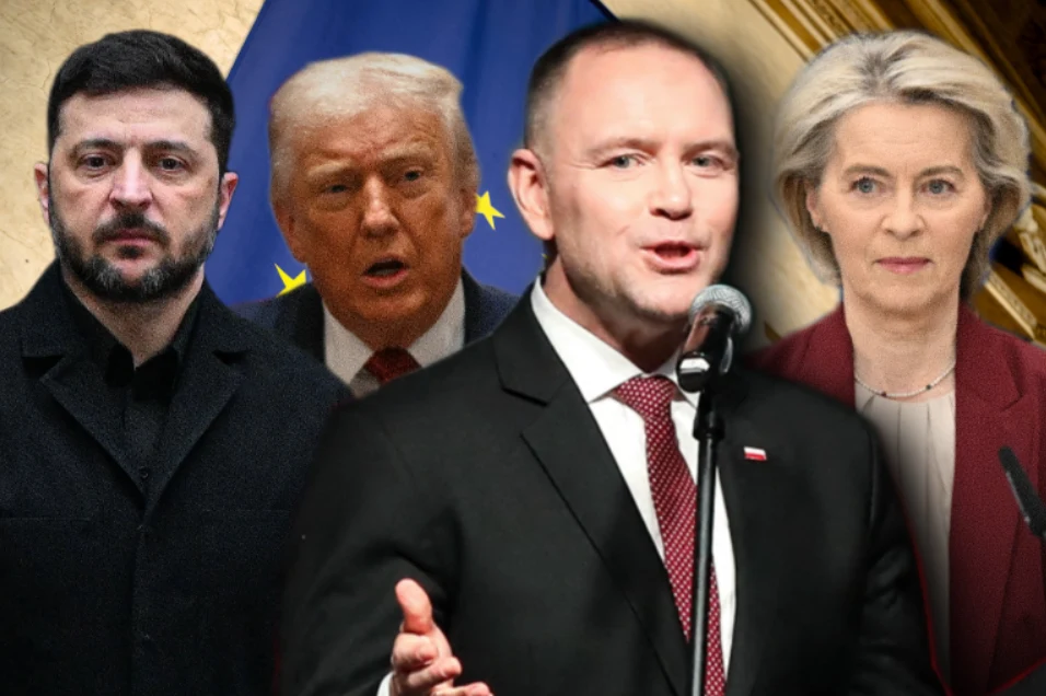 Karol Nawrocki jedynym Polakiem w rankingu "najbardziej wpływowych" ludzi Europy Czterech polityków stojących na tle flagi Unii Europejskiej i neutralnego wystroju, wśród nich mężczyzna w garniturze mówiący do mikrofonu, po jego bokach mężczyzna o poważnej minie, mężczyzna o jasnych włosach oraz kobieta z jasnymi włosami w marynarce.