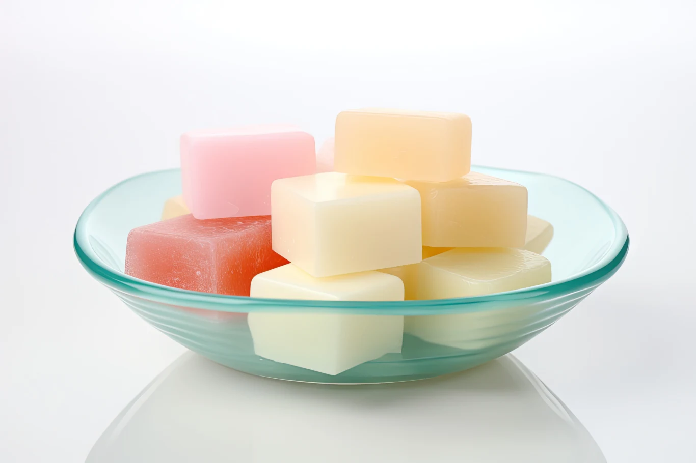 Efekty mydła glicerynowego? Wygładzenie, komfort i mniejsza wrażliwość skóry Szklana miska wypełniona różnokolorowymi, kwadratowymi kostkami mydła w pastelowych odcieniach różu, żółci i bieli na białym tle.