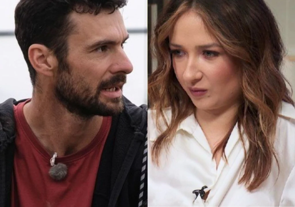 Rolnik szuka żony. Roland i Karolina Dwie osoby zwrócone ku sobie, mężczyzna z lekkim zarostem ubrany w ciemną kurtkę oraz kobieta o jasnobrązowych włosach i jasnej koszuli, oboje z mikrofonami przypiętymi do ubrań, sprawiają wrażenie zaangażowanych w rozmowę