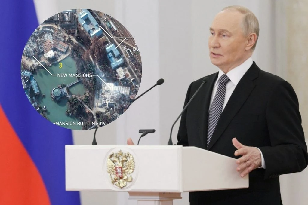 Korea Północna buduje luksusową rezydencję dla Putina Rosyjski polityk wygłaszający przemówienie przy mównicy z godłem Rosji, w tle fragment rosyjskiej flagi, u góry wstawka z satelitarnym zdjęciem przedstawiającym luksusowe posiadłości oraz podpisami odnoszącymi się do nowych rezydencji.