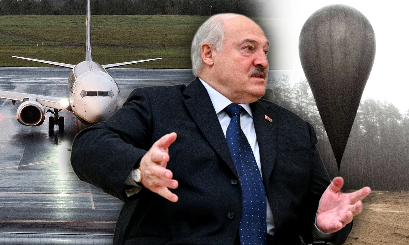 Polityka Alaksandra Łukaszenki zakłada użycie balonów do paraliżowania ruchu lotniczego na Litwie Alaksandr Łukaszenka w garniturze energicznie gestykuluje na tle samolotu pasażerskiego stojącego na pasie startowym oraz dużego balonu unoszącego się wśród drzew.