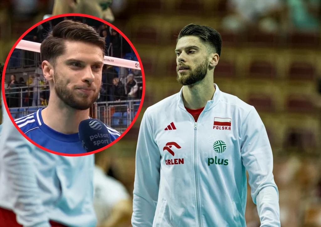 Siatkarz w trakcie meczu lub przygotowań, ubrany w strój reprezentacji Polski, na tle trybun. W prawym górnym rogu umieszczona jest wstawka z wywiadem, podczas którego ten sam sportowiec rozmawia z dziennikarzem trzymającym mikrofon Polsat Sport.