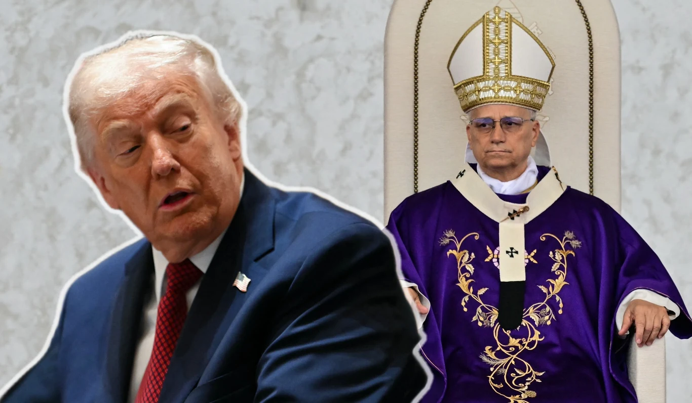 Leon XIV zabrał głos w sprawie wypowiedzi Donalda Trumpa o Europie Mężczyzna w garniturze i czerwonym krawacie na pierwszym planie, zwrócony bokiem do osoby w stroju biskupim siedzącej na dużym, ozdobnym tronie z marmurowym tłem.