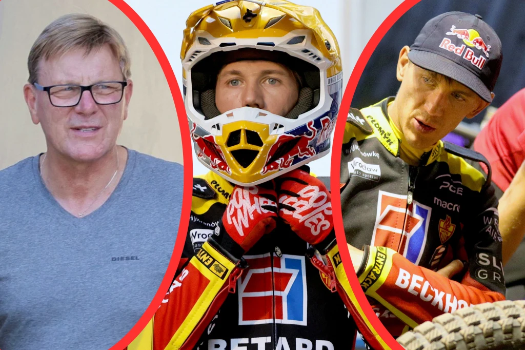 Trzech mężczyzn, po lewej w okularach i koszulce, pośrodku w kasku i stroju motocrossowym z logo i nazwą Betard, po prawej w czapce z daszkiem Red Bull oraz stroju sportowym, oddzielonych czerwonymi obramowaniami.