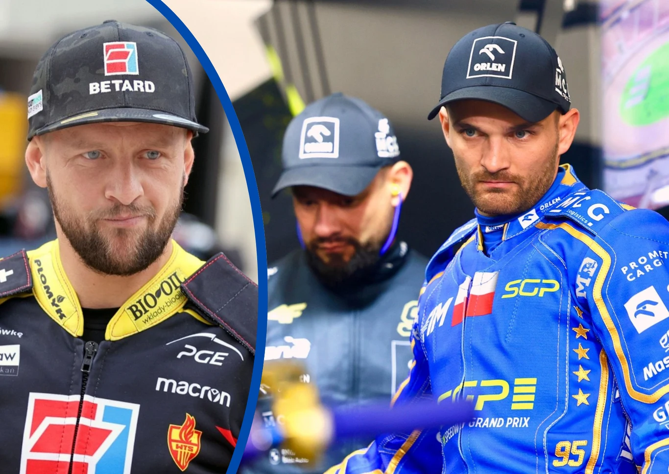 EŻ i PZMot mają powody do świętowania Dwóch żużlowców w strojach sportowych z widocznymi logotypami sponsorów oraz trzecia osoba w tle, wszyscy w czapkach z daszkiem i skupionymi wyrazami twarzy.