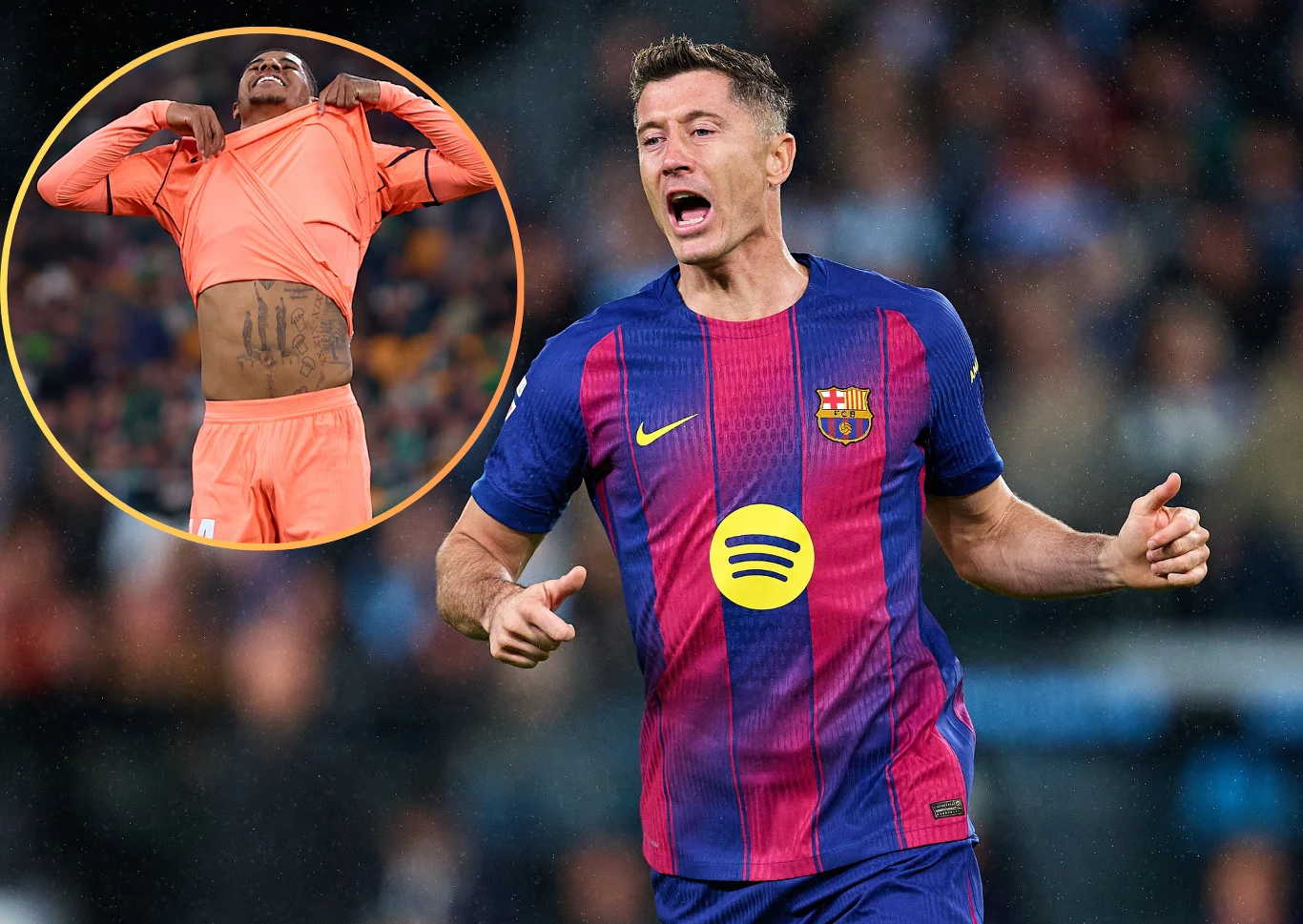 Piłkarz w koszulce FC Barcelony biegnie po boisku z otwartymi ustami, prawdopodobnie świętując zdobycie bramki. W lewym górnym rogu znajduje się wstawka z innym piłkarzem w pomarańczowym stroju podnoszącym koszulkę i eksponującym brzuch.