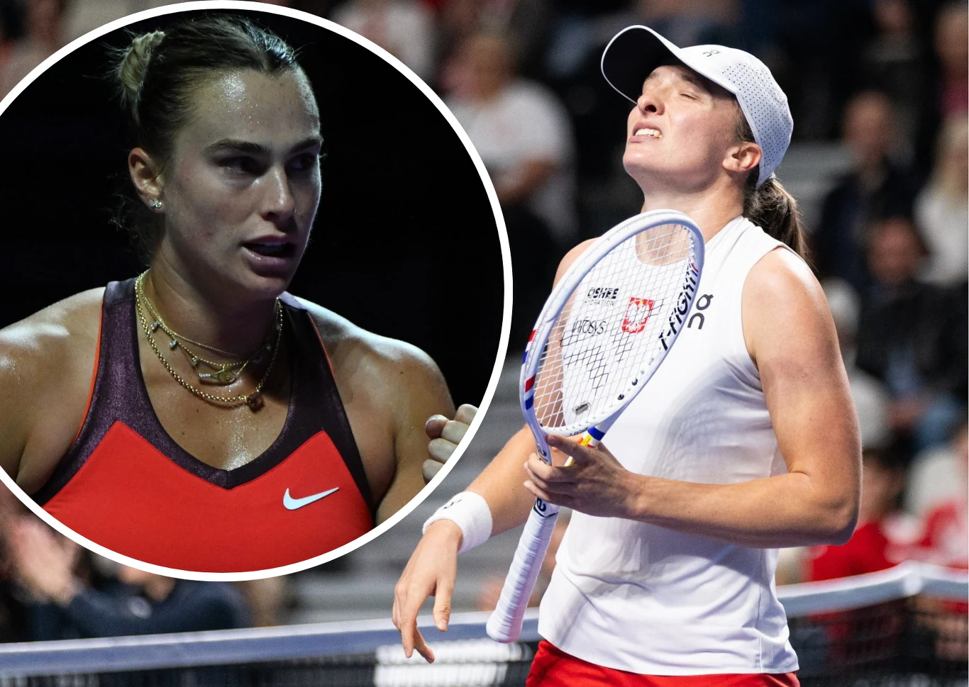 Aryna Sabalenka i Iga Świątek Dwie profesjonalne tenisistki podczas intensywnego meczu. Jedna z zawodniczek w białym stroju i czapce z daszkiem wygląda na rozczarowaną lub zmęczoną z rakietą w dłoni, natomiast druga w czerwonym stroju, widoczna w okrągłym wycinku kadru, patrzy skup...