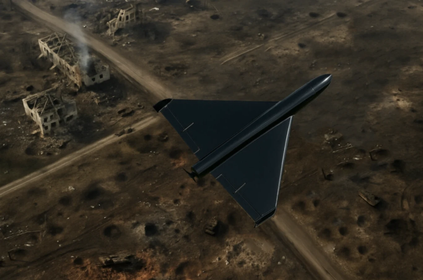 Flagowym produktem POLIFLY jest dron uderzeniowy Cooper, zbudowany w układzie aerodynamicznym zbliżonym do irańskiego Shaheda Bezzałogowy dron bojowy unosi się nad zrujnowanym terenem, na którym widoczne są uszkodzone budynki i ślady licznych eksplozji. Teren nosi ślady walk, a atmosfera jest ponura i postapokaliptyczna.