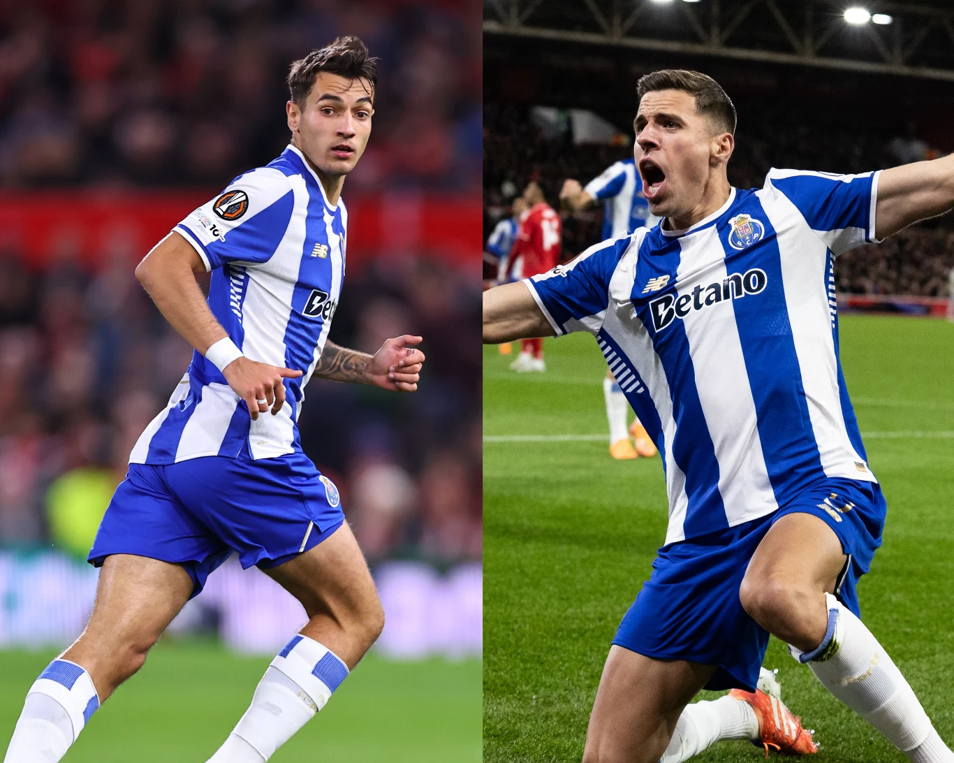 Dwóch piłkarzy w niebiesko-białych strojach podczas meczu, po lewej zawodnik obserwuje grę, po prawej drugi cieszy się z sukcesu, wykonując energiczny gest na murawie stadionu.