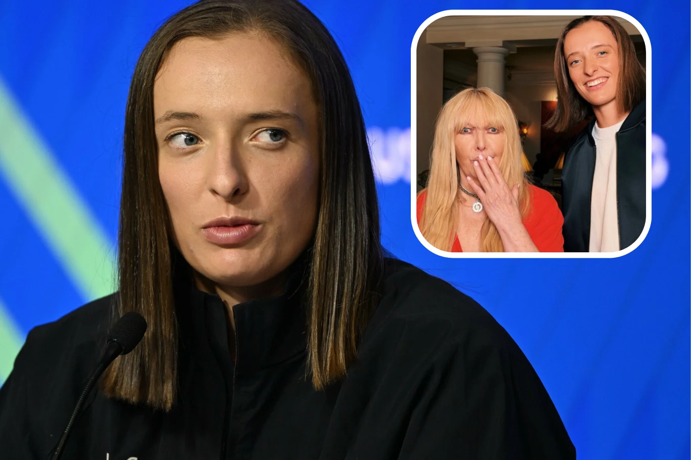 Iga Świątek zaskoczyła Marylę Rodowicz z okazji urodzin Kobieta z długimi włosami w ciemnej marynarce siedzi przy mikrofonie na tle niebieskiego ekranu, w prawym górnym rogu znajduje się wstawione mniejsze zdjęcie dwóch osób, z których jedna trzyma dłoń przy ustach, a druga uśmiecha się.