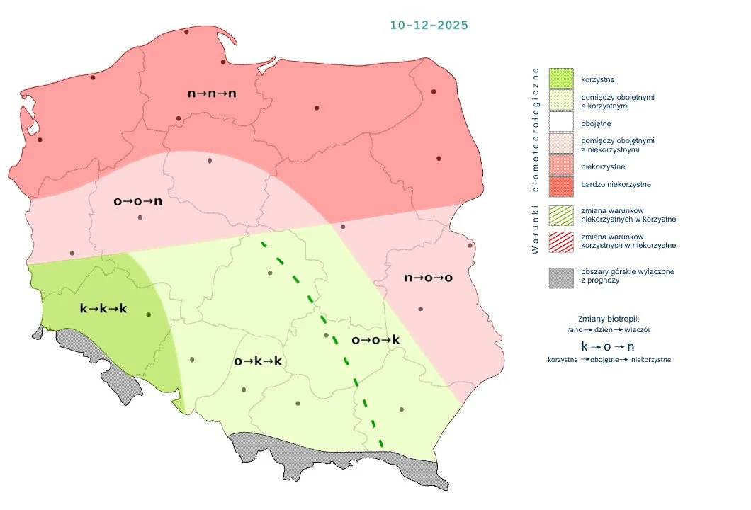 W środę lepsze warunki będą panować w południowej połowie kraju Mapa Polski z podziałem na regiony oznaczone kolorami zielonym, różowym i czerwonym, ilustrująca prognozowane warunki biometeorologiczne na dzień 10 grudnia 2025 roku. W legendzie po prawej stronie znajdują się objaśnienia oznaczeń, wskazujące korzystn...