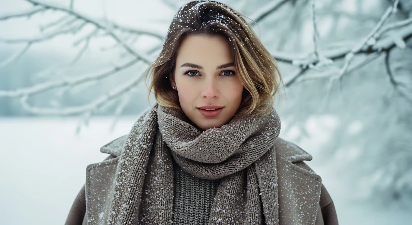 Koziorożec zyska przewagę nad wszystkimi Młoda kobieta z jasnymi włosami ubrana w ciepły szalik i płaszcz, stojąca w śnieżnym, zimowym krajobrazie. Delikatne płatki śniegu osiadają na jej ramionach i włosach, w tle gałęzie pokryte śniegiem.