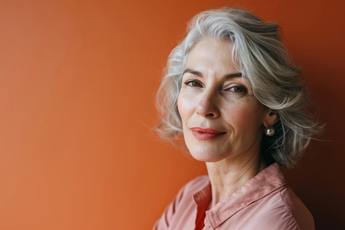 Jaki wpływ ma na ciebie twoje imię? Starsza kobieta z siwymi włosami, ubrana w jasnoróżową koszulę, delikatny makijaż, perłowe kolczyki, zwrócona lekko w bok na tle jednolitej, pomarańczowej ściany. Spokojny wyraz twarzy.