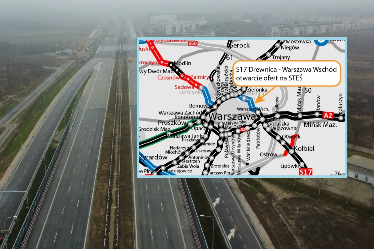 Dziewięć firm jest chętnych na zaprojektowanie brakującego odcinka obwodnicy Warszawy. Pusta, nowoczesna droga szybkiego ruchu biegnąca przez tereny podmiejskie z widoczną zabudową w tle, nałożona mapa drogowa z informacją o trasie S17 oraz lokalizacją w Warszawie i okolicach.