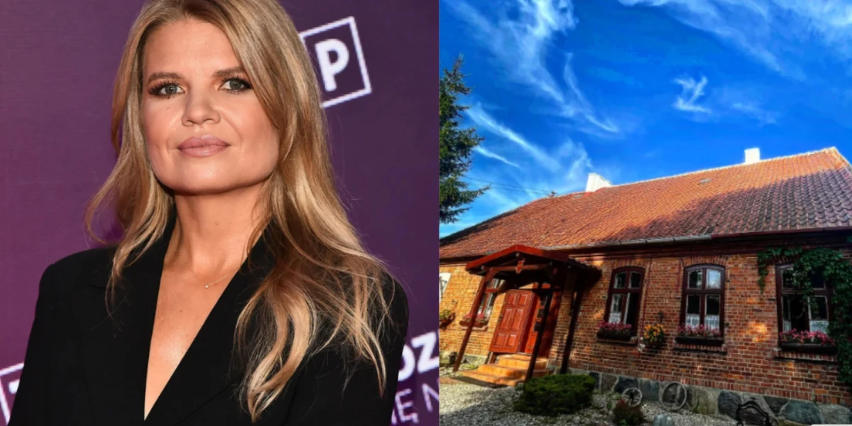 Portret kobiety o jasnych, długich włosach ubranej w czarną marynarkę na tle ścianki eventowej oraz widok ceglanego domu z dużymi oknami i czerwoną dachówką, otoczonego zadbanym ogrodem i pod błękitnym niebem.