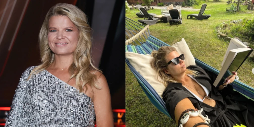 Po lewej kobieta w błyszczącej srebrnej sukience, uśmiechnięta, pozuje na tle ciemnego, rozświetlonego tła. Po prawej ta sama kobieta leży w hamaku na ogrodzie, nosi okulary przeciwsłoneczne i czyta książkę, wokół zielona trawa i leżaki.