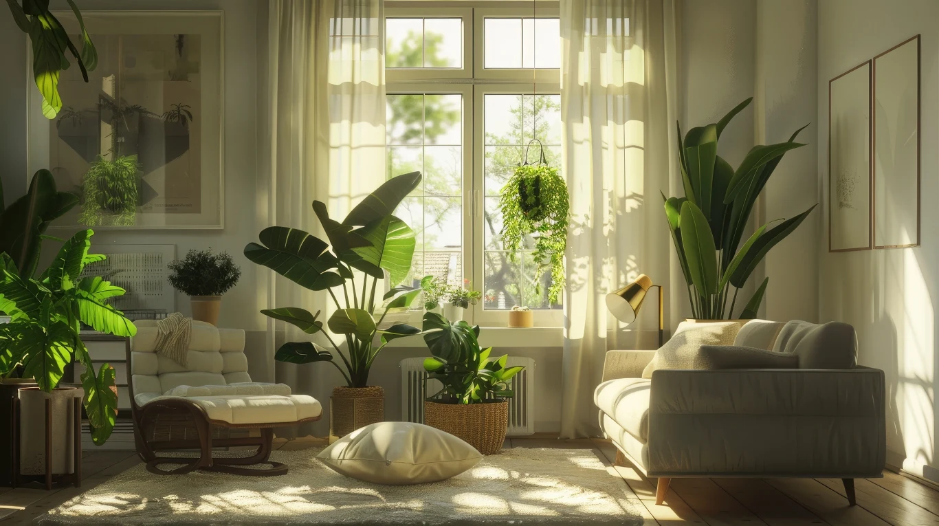 Przytulny jasny salon z dużym oknem, przez które wpada naturalne światło, otoczony licznymi roślinami doniczkowymi, wygodną sofą, fotelem, miękką poduszką na dywanie oraz dekoracjami ściennymi.