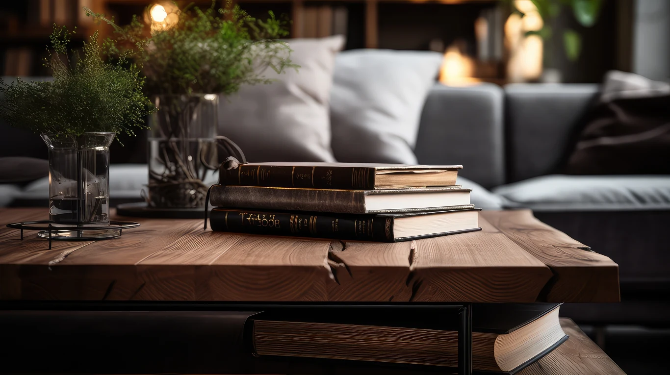 Stos książek leżący na drewnianym stole w przytulnym salonie, obok dwóch szklanych wazonów z zielonymi roślinami, w tle miękka sofa i rozmyte światło tworzące ciepłą atmosferę.