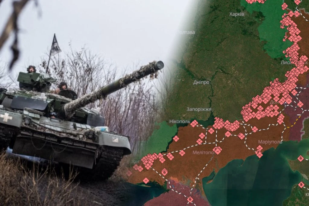 Czołg z żołnierzami w terenie zimowym na tle mapy frontu z zaznaczonymi liniami i strategicznymi miejscami, przedstawiający sytuację militarną na danym obszarze.