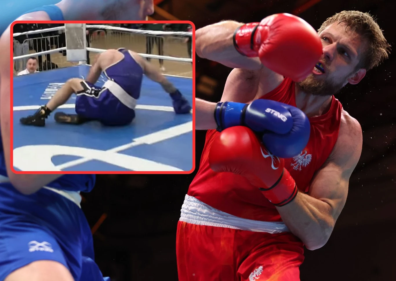 Aleksiej Sewostjanow efektownie awansował do półfinału mistrzostw Polski w wadze ciężkiej Bokser w czerwonym stroju zadaje mocny cios w trakcie walki na ringu, w tle widoczny jest przeciwnik w niebieskim stroju, a w rogu kadru znajduje się zbliżenie na moment upadku zawodnika w niebieskim stroju na matę.