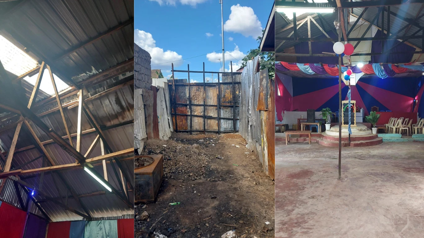 Fragmenty spalonego kościoła Wnętrze prowizorycznego budynku z blaszanym dachem, zniszczenia na suficie, brudne podwórze z metalową bramą, udekorowane prowizoryczne pomieszczenie z krzesłami i sceną ozdobioną balonami, ustawioną podwyższoną amboną.