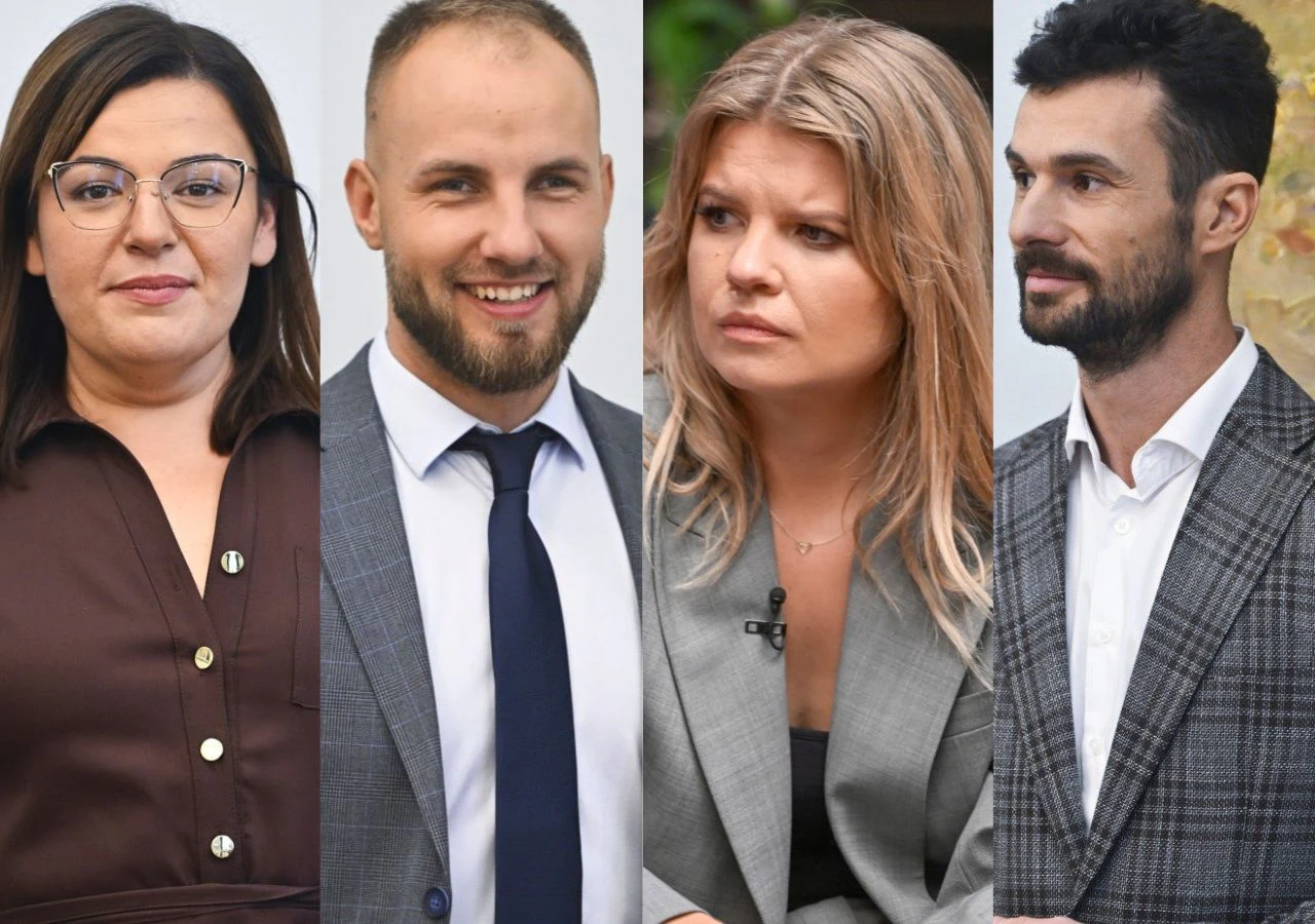 Cztery osoby ustawione obok siebie, ubrane elegancko w garnitury i marynarki, dwie kobiety i dwóch mężczyzn patrzących przed siebie; tło rozmyte, skupienie na twarzach i detalach ubioru.